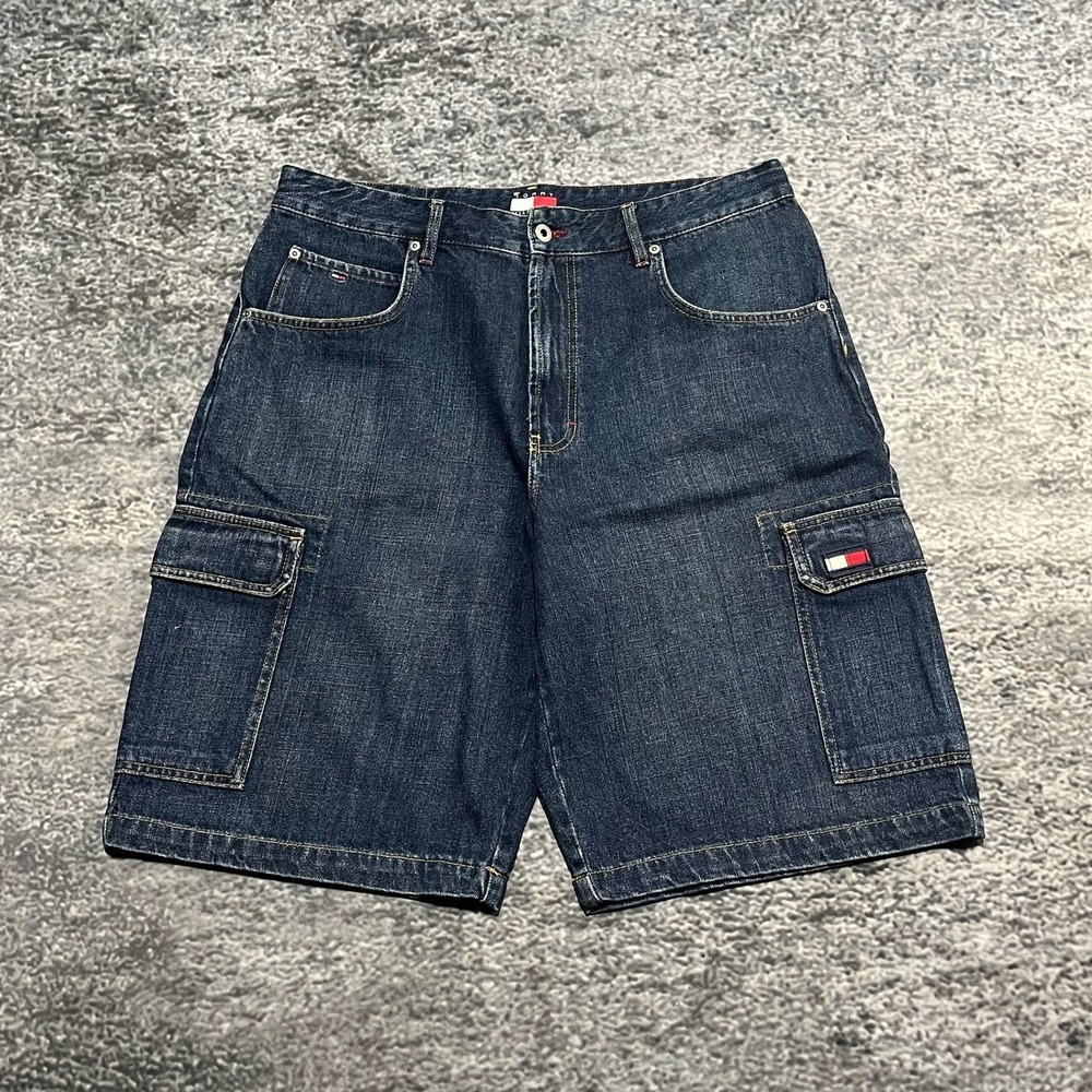 Vintage Tommy Hilfiger Cargo Jorts 32 Blue Hip-Hop Skater Y2K Baggy‎ Jean Shorts